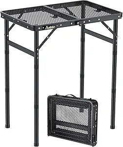 Anbte Folding Grill Table, Aluminum Camping Table Adjustable Height Max 27.5" Picnic Table Outdoor Table, Lightweight, Portable Handle for Travel Cooking BBQ Picnic, 22.8" x 16", Black