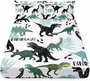 AILONEN Twin XL Kids Fitted Sheet Set,Black and Green Dinosaur Bed Sheet Set,Tropic Leaves and Roaring Dinosaur Silhouette Printed Soft Fitted Sheet with 2 Pillowcases for Boys