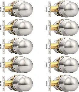 Probrico Round Brushed Nickel Passage Door Knobs Interior Door Handles for Hallway Closet, Keyless Passage Door Lock, 10Pack