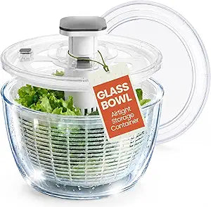 Glass Salad Spinner with Storage Lid, 6 Quart Borosilicate Bowl, Push Button Drying Lid, BPA-Free Draining Basket Doubles as Serving Bowl & Colander, Lettuce, Vegetable, & Fruit Washer