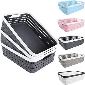 CertBuy 3 Pack Plastic Storage Baskets 14 x 10 x 4.5 Inch, Large Weave Storage Bins with Handle for Cabinet, Shelf, Kitchen, Bedroom, Bathroom and office Dark Grey