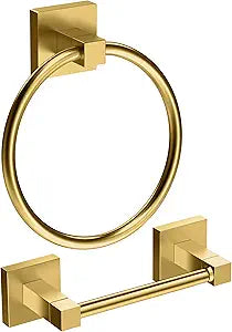 Ruacq Brushed Gold Toilet Paper Holder Towel Ring Bathroom Accessories Hardware Set Double Post Pivoting Toilet Roll Holder Square Stainless Steel and Zinc Alloy Modern Wall Mounted 2 Pieces