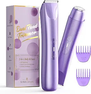 2-in-1 Bikini Trimmer for Women, Painless Electric Razor, IPX7 Waterproof Shaver, Cordless Pubic Hair Trimmer for Arm Leg Underarm Face Body Hair Removal, Purple