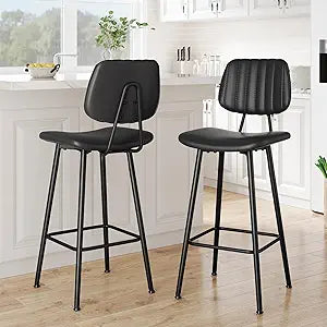 Raynesys 29-Inch Leather Bar Stools Set of 2, Counter Height Barstools with High BackrestBar Chairs for Kitchen Island with Heavy Duty Metal Legs, Black