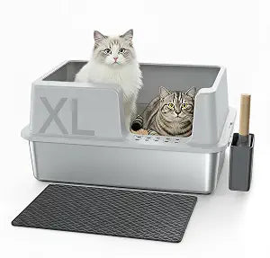 Gimars XL Stainless Steel Cat Litter Box 23.6x15.7x12.2in, Easy to Clean & No Odour Stainless 36L High Sided Steel Litter Tray, Leak-Proof Cat Litter Trays with Scoop & Mat