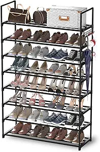 Hsscblet 8 Tiers Metal Shoe Rack,Adjustable Shoe Shelf Storage Organizer with Hooks,Stackable Boot & Shoe Storage,for Entryway,Hallway,Closet,Black