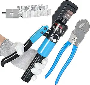 10 US Ton Hydraulic Crimper Tool Kit with Cable Cutter, 9 US Standard Chromed Hexagonal Dies 12, 10, 8, 6, 4, 2, 1/0, 2/0 AWG for Electrical Terminal Cable Lugs and 1/8 for Wire Rope Crimping