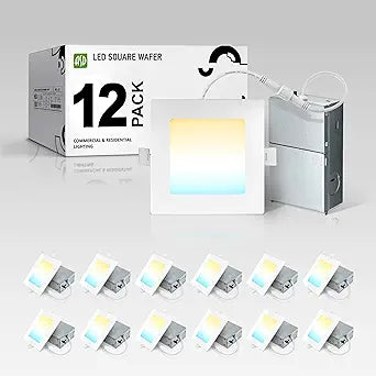 ASD 12 Pack LED Square Recessed Lighting 4 Inch, 5CCT 2700K-5000K CRI90+, Dimmable Ultra-Thin Canless Wafer Lights, IC Rated Ceiling Light Fixtures with Junction Box, ETL Energy Star, White