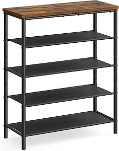 VASAGLE Shoe Rack, 5-Tier Shoe Storage Organizer for Entryway and Closet, Holds 12-16 Pairs of Shoes, 4 Fabric Shelves, Steel Frame, Industrial, Rustic Brown and Black ULBS036B01