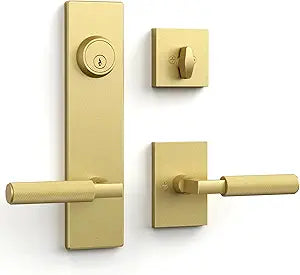 Asidrama Brushed Gold Solid Heavy-Duty Knurled Front Door Handle Set with Deadbolt, Architectural Grade Modern Entry Door Lockset, Premium Mechanical Exterior Door Handleset, Reversible