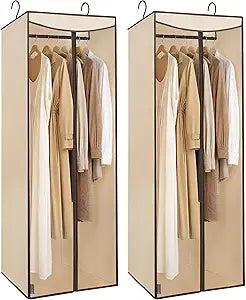 STORAGE MANIAC 57" Long Garment Bags for Hanging Clothes Garment Cover for Closet Storage, Large Hanging Garment Bag for Dresses, Suits, Coats, Zipper Cover with Sealed Clear Window, Beige 2 Pack
