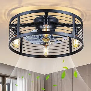 Caged Ceiling Fan with Light Flush Mount, 20 Inch Low Profile Black Fandelier with Remote, Bladeless Ceiling Fans with Lights for Bedroom Kitchen Dining Room (Bulb Not Included)
