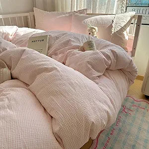 VM VOUGEMARKET Pink Full Duvet Cover Set 3 Pieces Lace Bedding Set Simple Cozy Plaid Checkered Comforter Cover with Zipper Ties for Teen Girls