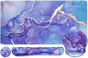 4-in-1 Gaming Mouse Pad Wrist Support SetDesk Pad + Mouse Pad with Wrist Rest + Keyboard Wrist Rest + Coaster, Ergonomic Design for Home Office Study Game - Purple Marble
