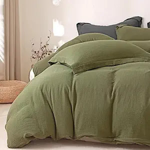 MorroMorn Muslin Duvet Cover Set King 100% Cotton Double Gauze Bedding Linen Like Ultra Soft Breathable Minimalist All-Season, with 2 Pillowcases (Olive Green 104"x90", Comforter Not Included)