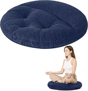 Meditation Floor Cushion, 32 Inch Large Round Floor Pillow for Adults, Soft Tufted Corduroy Meditation Pillow with Handle for Yoga, Reading and Cozy Tatami Seating, Navy Blue