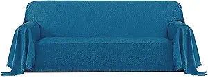PureFit Geometric Jacquard Throw Sofa Cover - Textured Soft Washable Decorative Couch Covers for 3 Cushion Couch, Throw Cover with Tassels Furniture Protector for Pets, Kids (X-Large, Peacock Blue)
