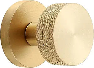 Knurled Brass Passage Door Knob Industrial Style Grip Handle, Solid Brass Build, Brushed Finish Fixed 60mm Backset for Hallway & Closet (Brushed Brass, Passage-2.375 in)
