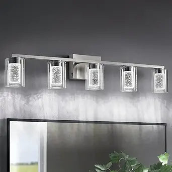 Bathroom Light Fixtures, 5 Light Brushed Nickel Bathroom Vanity Light Over Mirror, 3 Color LED Vanity Lights with Crystal Bubble Glass, Dimmable Wall Sconce Lighting for BathroomLiving Room