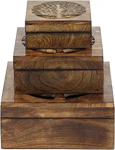 Deco 79 Wood Tree Handmade Decorative Box Decorative Keepsake Boxes with Hinged Lid, Set of 3 Storage Boxes, Brown