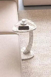 C Shaped Triangular Top Table for Couch Small Places, Space Saver Sheild Top Side Table for Sofa and Bedside with Wheels, Coffee and Eating Snack for Living Room, Office (White Marble)