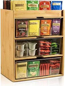 TIMIEEYA Tea Bag Organizer - Bamboo Tea Storage With Drawer 3 Layer, Organizer for Tea Bags Natural Wood & Acrylic for Countertop Office Kitchen Cabinet Pantry
