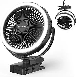 10000mAh Portable Fan with Clip, Rechargeable Clip On Fan with Light & Hook, 3 Strong Airflow & Timer, Battery Powered, Clamp On Desk Fan for Travel Outside Camping Sleep Bedroom Office RV Hurricane