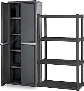 Sterilite 4 Shelf Plastic Storage Unit Bundled with Easy to Assemble Storage Cabinet for Garage, Pantry & Kitchen Organization, 4 Shelves, Gray