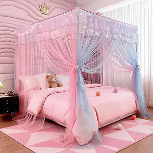 Full Size Bed Canopy with Lights, Bed Canopy for Girls Princess with Luminous Stars, Canopy Bed Curtains for Full Bed Indoor Room, 4 Corner Post Bed Drapes Netting, Blue&Pink (Not Frame) - 78"59"78"