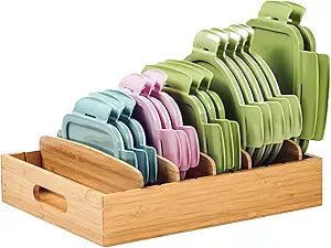 Umilife Large Bamboo Food Container Lid Organizer for Kitchen Cabinet