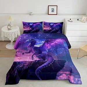 3D Purple Dragon Comforter Set Full Size,Galaxy Nebula Starry Sky Fantasy Bedding Set for Kids Boys Girls Room Decor,Modern Trippy Quilt Set,Magical Wild Animal Duvet Insert 3Pcs,2 Pillowcases