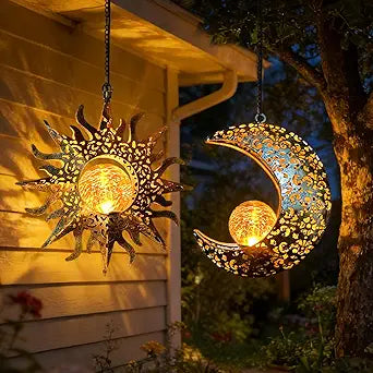 Solar Hanging Sun and Moon Lights Garden Outside Decor,2 Pack Metal Lanterns Outdoor Sunflower Art Decorations for Porch Backyard Patio Wall Tree,Unique Gardening Gifts for Women Mom Grandma