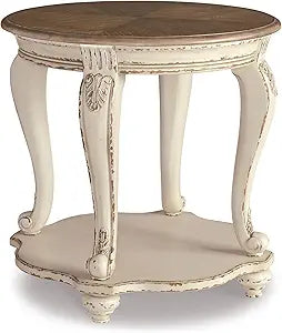 Signature Design by Ashley Realyn Round End Table, Cottage-Style Side Table with Antiqued Two-Tone Finish, Wood & Veneer Construction for Living Room or Bedroom, White/Brown