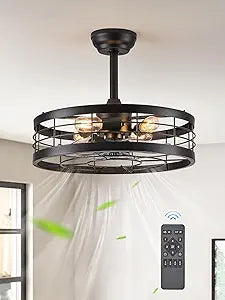 LEDIARY 20 inch Fandelier Caged Ceiling Fan with Light, Bladeless Ceiling Fan with Remote, Farmhouse Fan Lights Ceiling Fixtures for Kitchen, Bedroom, Outdoor(6 Speed, Timing)-Black