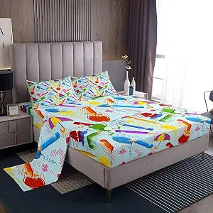 Feelyou Kids Cartoon Pencil Bed Sheets Set Full Size, Colorful Nursery Sheet Set Cute Crayon Sheets with Deep Pocket Fitted Sheet for Kids Boys Girls Funny Art Printed Bedding Set 4Pcs