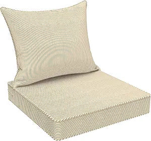DYTXIII Outdoor Deep Seat Cushion Set, Water Repellent 22"x22" Patio Thick Cushions Replacement with Seat & Back Pillow for Patio Sofa, Wicker Chair, Couch - Stripe Beige