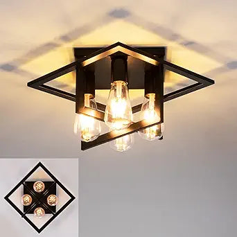 4 Light Industrial Ceiling Light Black Semi Flush Mount Lights Close to Ceiling Light Fixtures,frame cage design Farmhouse Ceiling Lighting for Kitchen Bedroom Bathroom Foyer Hallway (E26, 1Pack)