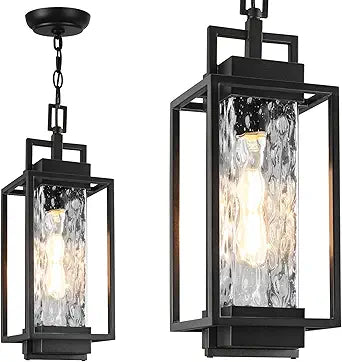 BesLowe 15 Outdoor Pendant Light with LED Bulb, Modern Hanging Lantern Light for Outside with Water Ripple Glass, Black Exterior Pendant Lighting Fixture, Outdoor Chandelier for Front Porch, Gazebo