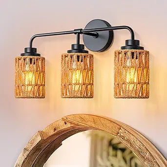 3-Light Bathroom Light Fixtures Vanity Lights Over Mirror, Rustic Farmhouse Rattan Wall Sconce with Boho Hand Woven Wall Lamp Natural Style Wall Mounted Light Vanity Lighting for Bedroom Hallway