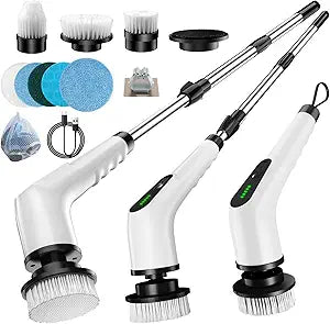 Electric Spin Scrubber, Cordless Cleaning Brush with 8 Replaceable Brush Heads, Shower Scrubber with Adjustable Extension Handle, Waterproof Power Scrubber for Bathroom Tile Floor Tub Car Walls