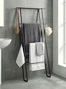 CANYAVE Metal Leaning Ladder Towel Rack, 4-Tier Blanket Stand for Bathroom Living Room, No Drilling Quilt Storage Organizer (Matte Black)