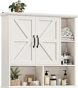Vabches Bathroom Wall Cabinet, Farmhouse Medicine Cabinet with Double Barn Door and Adjustable Wood Shelf, Over The Toilet Storage Cabinet for Wall Mounted for Bathroom Laundry Room Kitchen (White)