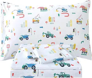 Kids Sheet Set Excavator Queen Size Bedsheet for Boys, 4PCS Digger Vehicle Printed Microfiber Soft Breathable Children Bedding Easy-Fit 14 Inch Deep Pocket
