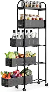 KINGRACK Slim Storage Cart with Drawer, 5-Tier Rolling Utility Cart on Wheels, Narrow Metal Cart for Space Save, Easy Assembly for Kitchen Cart, Craft Cart, Laundry, Bathroom, Nursery Organizer