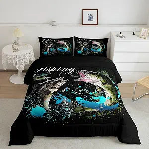 jejeloiu Pike Fish Comforter Set Twin Size Kids Bass Big Fish Bedding Set for Boys Girls Teens Adults, Underwater Animals Duvet Quilt Breathable Soft Room Decor 2Pcs
