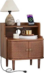 Metal Rattan End Table with Charging Station, Mid Century Modern Nightstand with 2 Doors, Bed Side Table with Storage for Couch, Living Room, Small Spaces, Sofa Side Table for Office, Dorm - Walnut