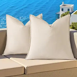 decorUhome Outdoor Waterproof Faux Linen Throw Pillow Covers 26x26 Inch Set of 2 Decorative Natural Farmhouse Pillow Cases with Flange Edges for Summer Couch Garden Patio Balcony Porch, Beige