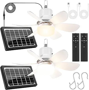 2 Set Solar Powered Ceiling Fan with Light, 17.7 in Outdoor Portable Hanging Fan Light with Remote, 3 Speeds, 3 Lightings, Powered by 5100mah Battery for Patio Gazebo Tent (White)