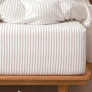 MooMee Striped Fitted Bottom Sheet Only 100% Washed Cotton Linen Like Textured Breathable Durable Soft Comfy Deep Pocket Fits Mattress up to 17" (White Orange Wide Stripes, King)