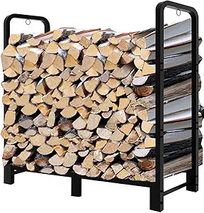 4Ft Firewood Rack Adjustable Fireplace Wood Holder for Outdoor Indoor Storage Log - Heavy Duty Fire Log Lumber Stand Stacker, Black